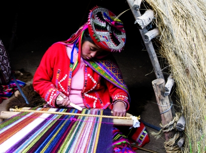Peruvian Indian Woman Weaving in Pisac Market